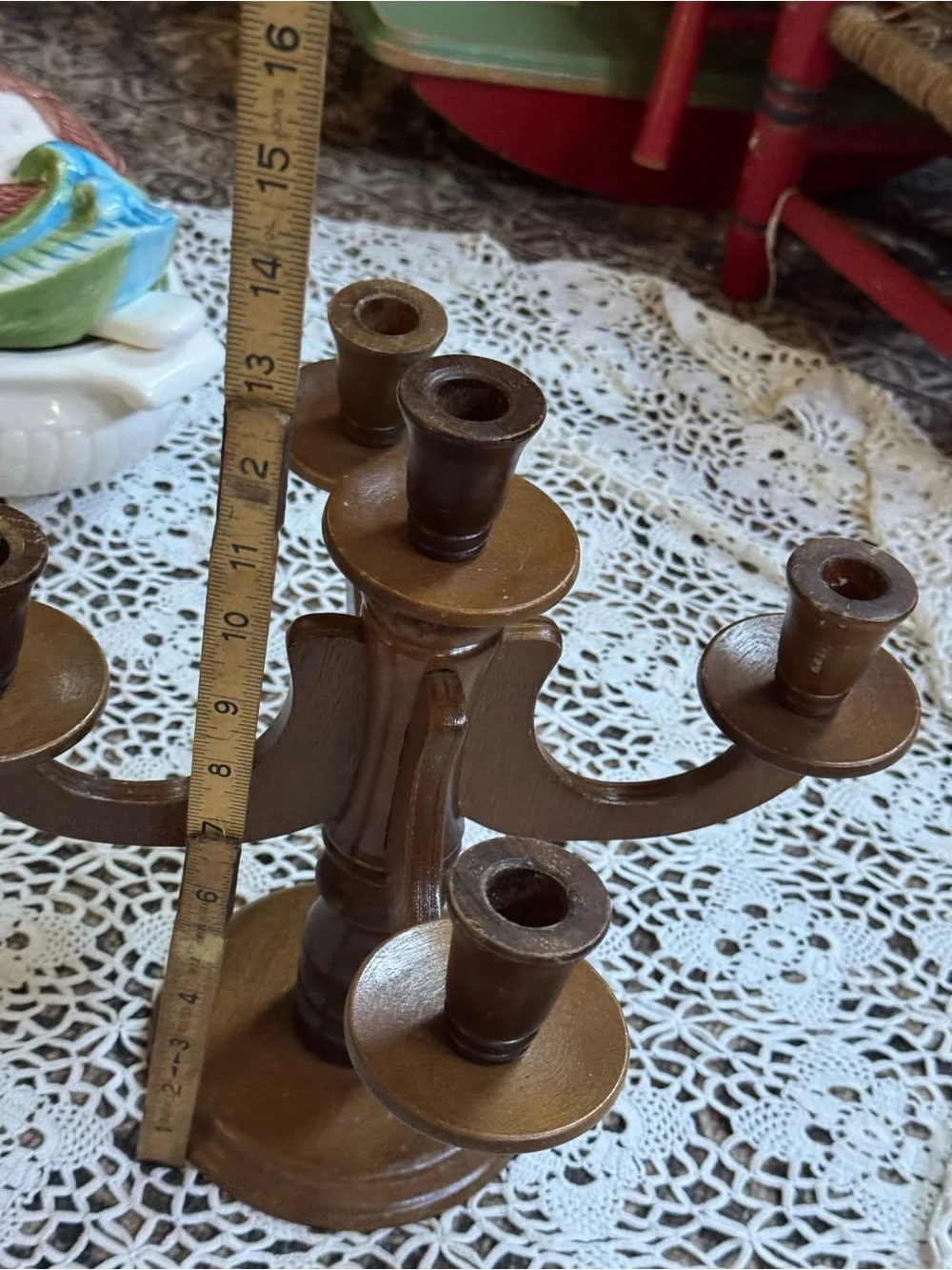 Vintage Wooden 5-Arm Candelabra Candle Holder Mid Century Colonial Decor